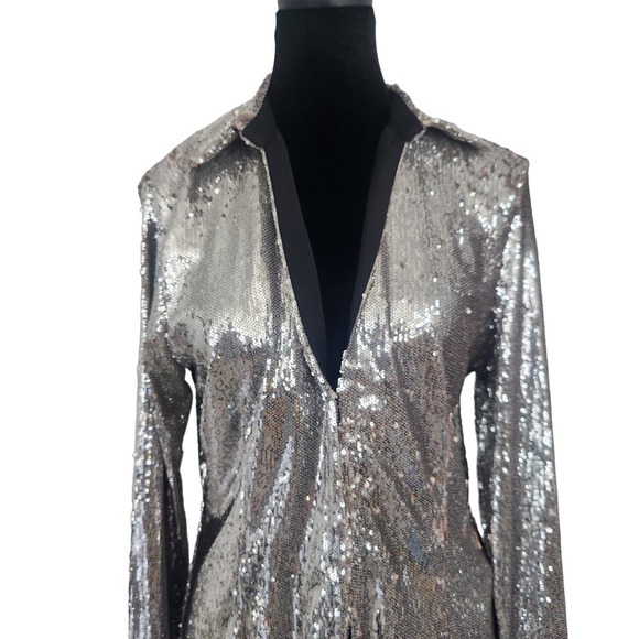 NWT Zara Long Sleeve Silver Sequin Shirt Size Large - Picture 4 of 9